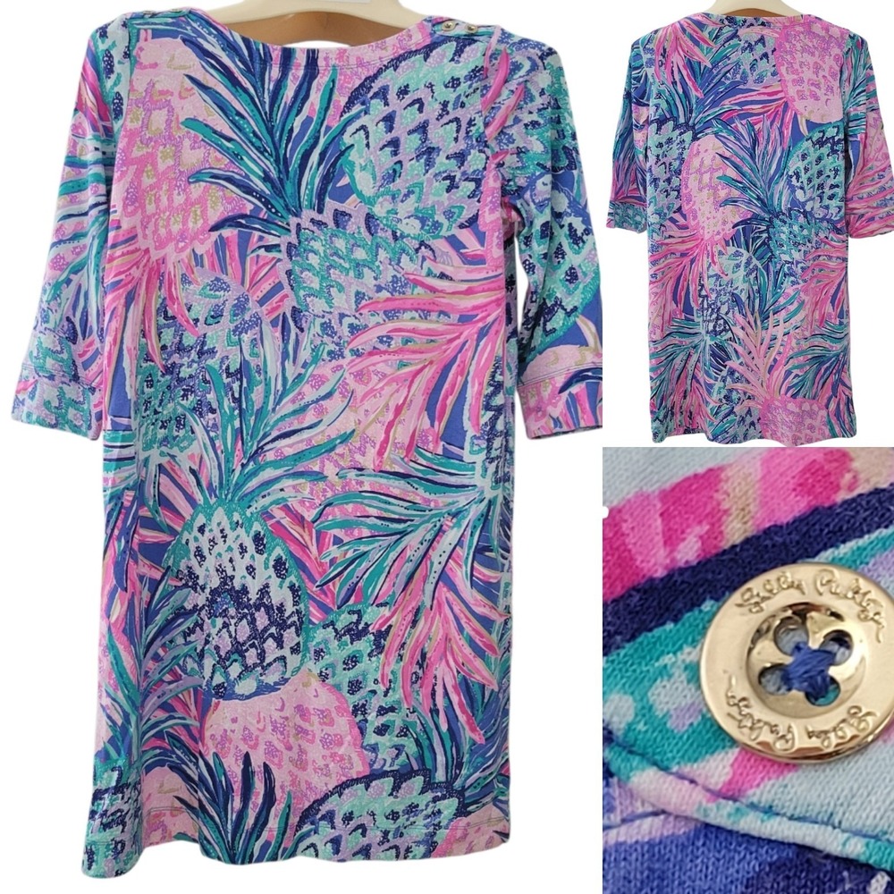Lilly Pulitzer Girls XL 12-14 Pop Up Pining Dress Pink Blue Pineapple 3/4 Sleeve